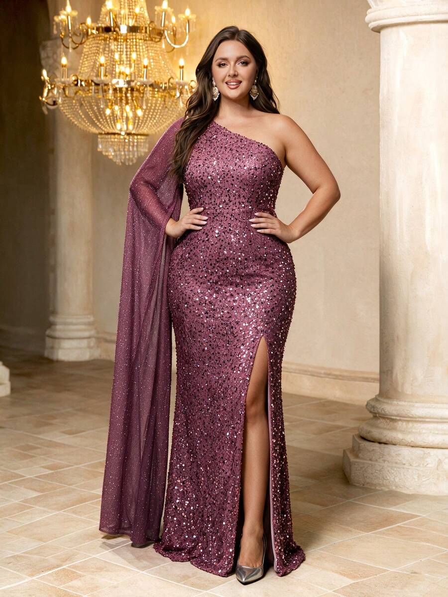 UNITHORSE Plus Size Women's Sequin Slit Shoulder Dress - Dusty Pink - View 1