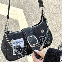 Black Star Pattern Denim Shoulder Bag, Unique Buckle Chain Baguette Bag, Vintage Niche Shoulder/Crossbody Bag - Multicolor - View 4