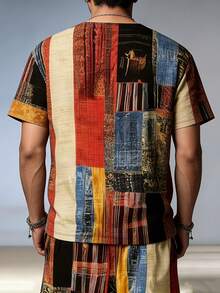 Vintage Colorblock Men's Set, Bohemian Style Casual Short Sleeve Top + Loose Long Pants, Vacation Beach Outfit - Multicolor - View 2