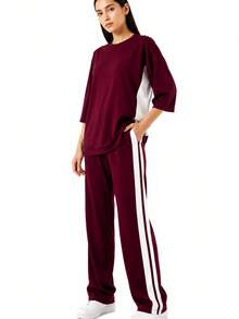 Set di top e pantaloni con patchwork a contrasto di colore - Bordò - Visualizzare 5