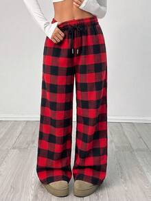 Plaid Drawstring Elastic Waist Wide Leg Pants, Women's Casual Loose Straight Leg Long Pants, Red - Red - View 4