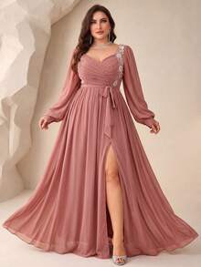 SUPGIR Plus Size Lantern Sleeve Embroidered Beaded Decorated Ruched Chest Small V-Neck Slit Evening Dress - Dusty Pink - View 1