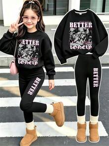 Teen Girls American Style Versatile Printed Crew Neck Sweatshirt & Slim Fit Leggings 2pcs Set, Autumn Winter Outfit, Campus Style, Homecoming Wear - Black - View 1
