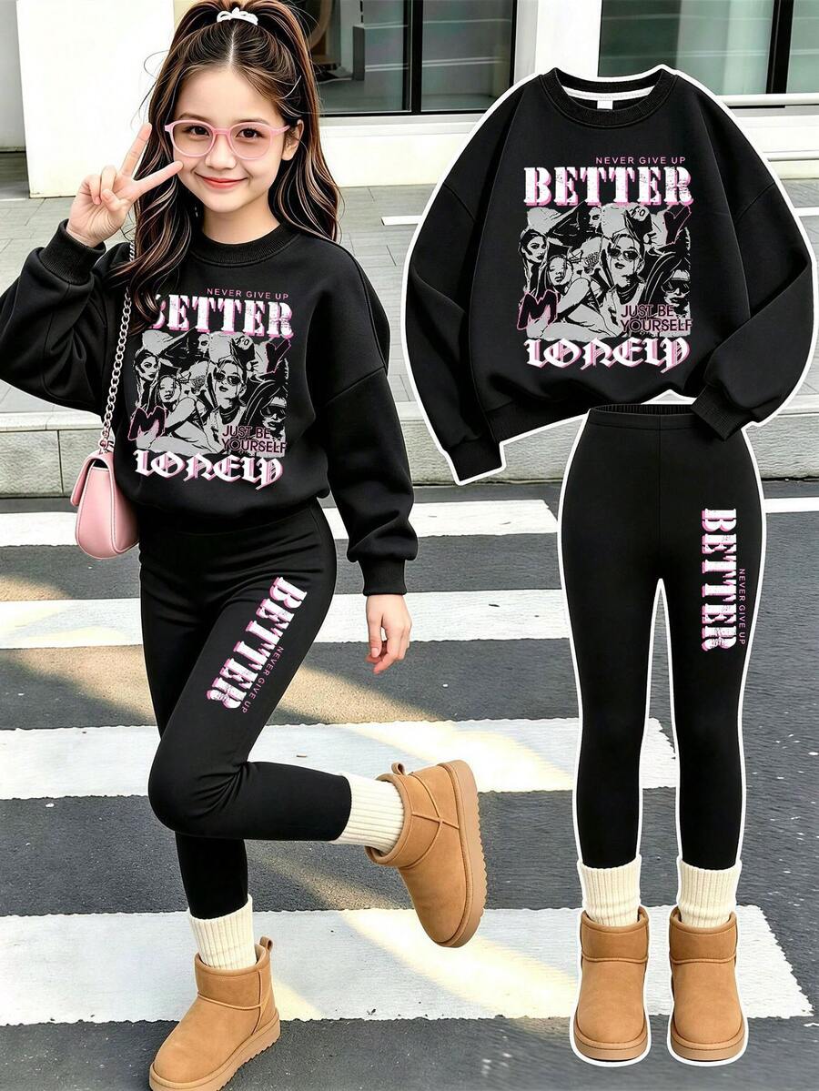 Teen Girls American Style Versatile Printed Crew Neck Sweatshirt & Slim Fit Leggings 2pcs Set, Autumn Winter Outfit, Campus Style, Homecoming Wear - Black - View 1
