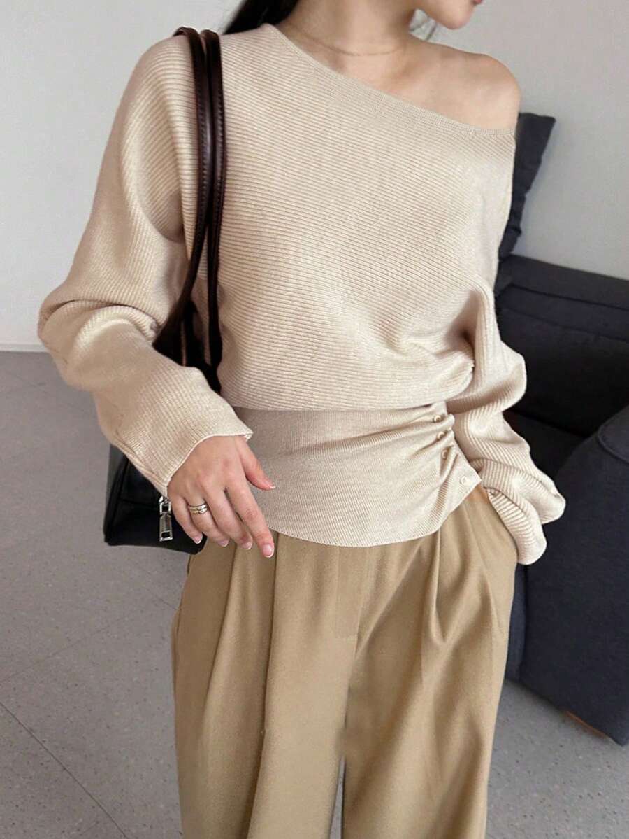 Korean Chic Early Autumn Design Pleated Button Cinched Cinched Waist Off-The-Shoulder Long Sleeve Knit Top For Women - Apricot - View 1