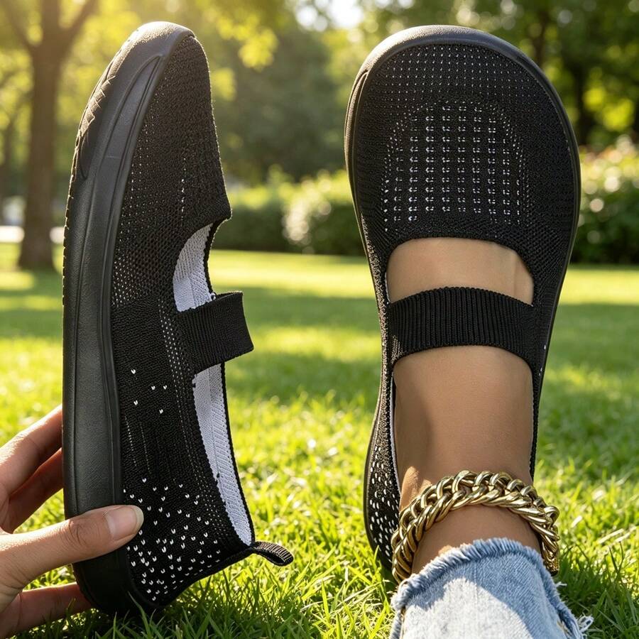 Women's Comfortable Casual Lace-Up Slip-On Flat Shoes, Round Toe Breathable Upper, Lightweight Sole, Fashionable Minimalist Style - Black - View 1