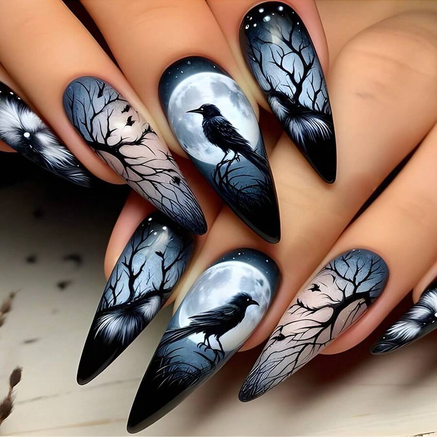 10pcs Halloween Wearable Nails Black & White Ghost Face Spider Web Skull Bat Horror Style Short Square False Nail Tips - Blue and White - View 1