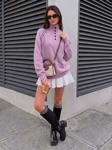 Women's Autumn/Winter New French Style Stand Collar Half-Button Stand Collar Knitted Sweater, Contrast Color Piping Raglan Sleeve Loose Pullover - Pink - View 6