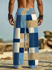 Celana Panjang Pria Model Lurus Longgar Motif Kotak-kotak Patchwork Denim Vintage, Celana Nyaman untuk Liburan Musim Panas, Cocok untuk di Rumah, Dilengkapi Saku - MultiWarna - View 4