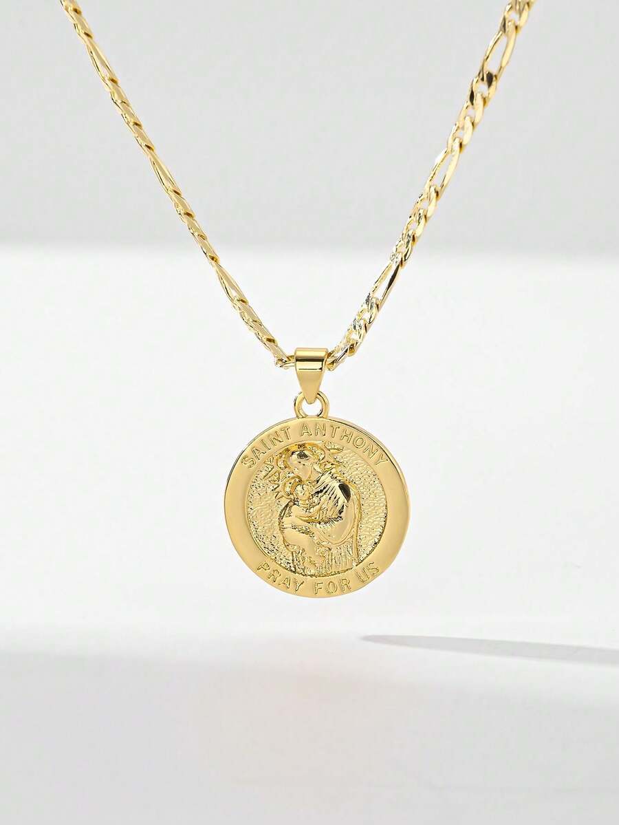 1pc 14K Gold Plated Copper Vintage Style Catholic Saint Anthony Necklace, Saint Anthony Pendant Engraved With "Saint Anthony Pray For Us", Restoring Classic Religious Elements, Symbolizing Faith Protection And Spiritual Comfort, Suitable For Men And Women Daily Wear, Commuting, Church, Prayer And Other Occasions, Can Be Paired With Casual Or Formal Attire To Show Solemn Texture. - Yellow Gold - View 1