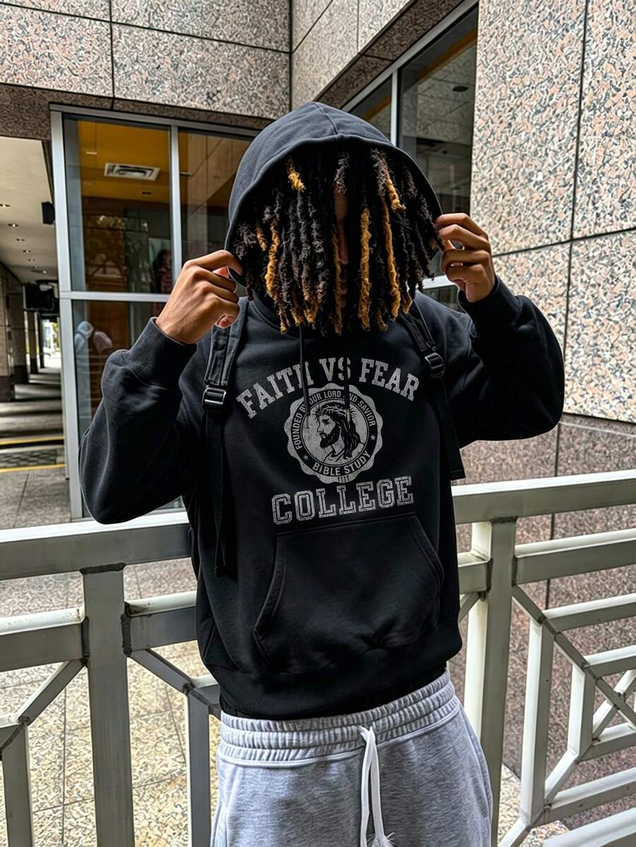 Men's Casual Sports Commute Versatile VS Print Long Sleeve Hooded Pullover Fleece Sweatshirt - Black - View 1