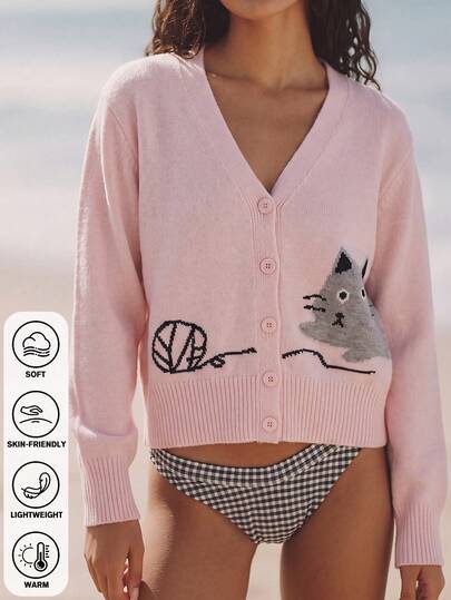 Cartoon Cat Yarn Ball Graphic V Neck Button Cardigan, Loose Cropped Knit Top For Holiday Shopping & Daily Layering Match