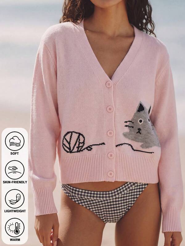 Cartoon Cat Yarn Ball Graphic V Neck Button Cardigan, Loose Cropped Knit Top For Holiday Shopping & Daily Layering Match