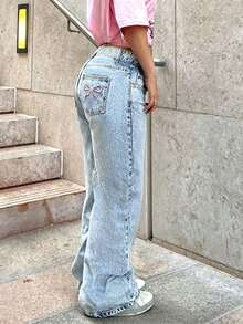 Tween Girls' Oversized Casual Bow Embroidered Straight Leg Wide Leg Jeans - Light Wash - View 5