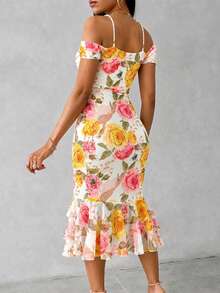 ChicMe Women's Watercolor Rose Print Mesh Asymmetric Hem Mid-Length Dress, Pearl Decor, Elastic Shoulder Strap, Pleated Collar, Side Slit Summer Elegant - Baby Pink - View 2
