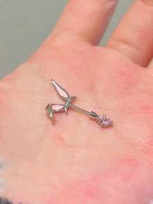 1pc Cute Sweet Pink Rabbit Ear Stud Earring, Versatile Cartilage Earring For Women (Single) - Silver - View 4