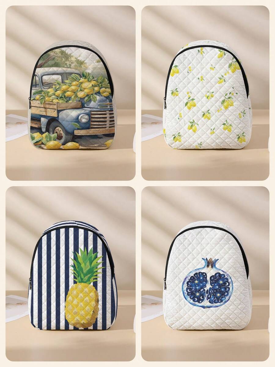 1pc Rhombus Pattern Backpack, School Bag, Storage Bag, Travel Storage Backpack, Fruit Print Design, Large Capacity Foldable Easy Storage Bag, Lightweight Burden Reduction, Reinforced Double Shoulder Straps + Zipper Closure, Large Capacity Storage More Organized, Convenient And Practical For Accessing Items, Can Be Used As Student School Bag, Girl's Commuter Backpack, Short Trip Bag, Campus Casual Backpack, Suitable For School Books, Daily Commute, Outdoor Travel - Multicolor - View 1
