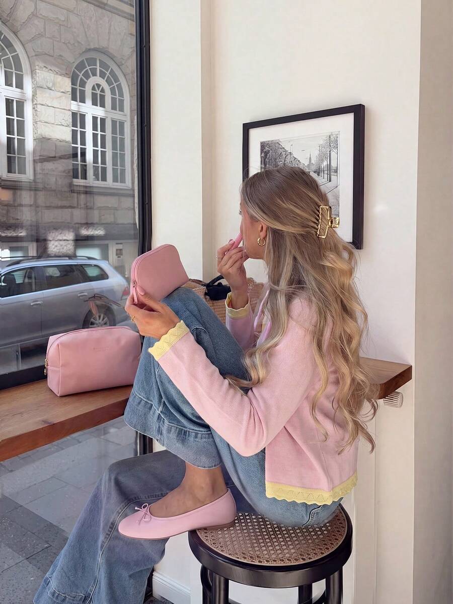 Elegant Women's Casual Fall Winter Pink Cardigan Sweater,Slightly Sheer Material Long Sleeve Knitted Top With Yellow Ruffle Hem And Button Front,