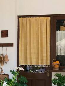 1pc Boho Pattern Cabinet Cover Curtain - Fringed Tassel Decor Without Curtain Rod, Ins Style Daisy Pattern Semi Blackout Beige Tassel Window Curtains,Classic Cafe Country Farmhouse Kitchen Curtains,For Kitchen Cupboard/Storage Shelf - Yellow Plaid - View 1
