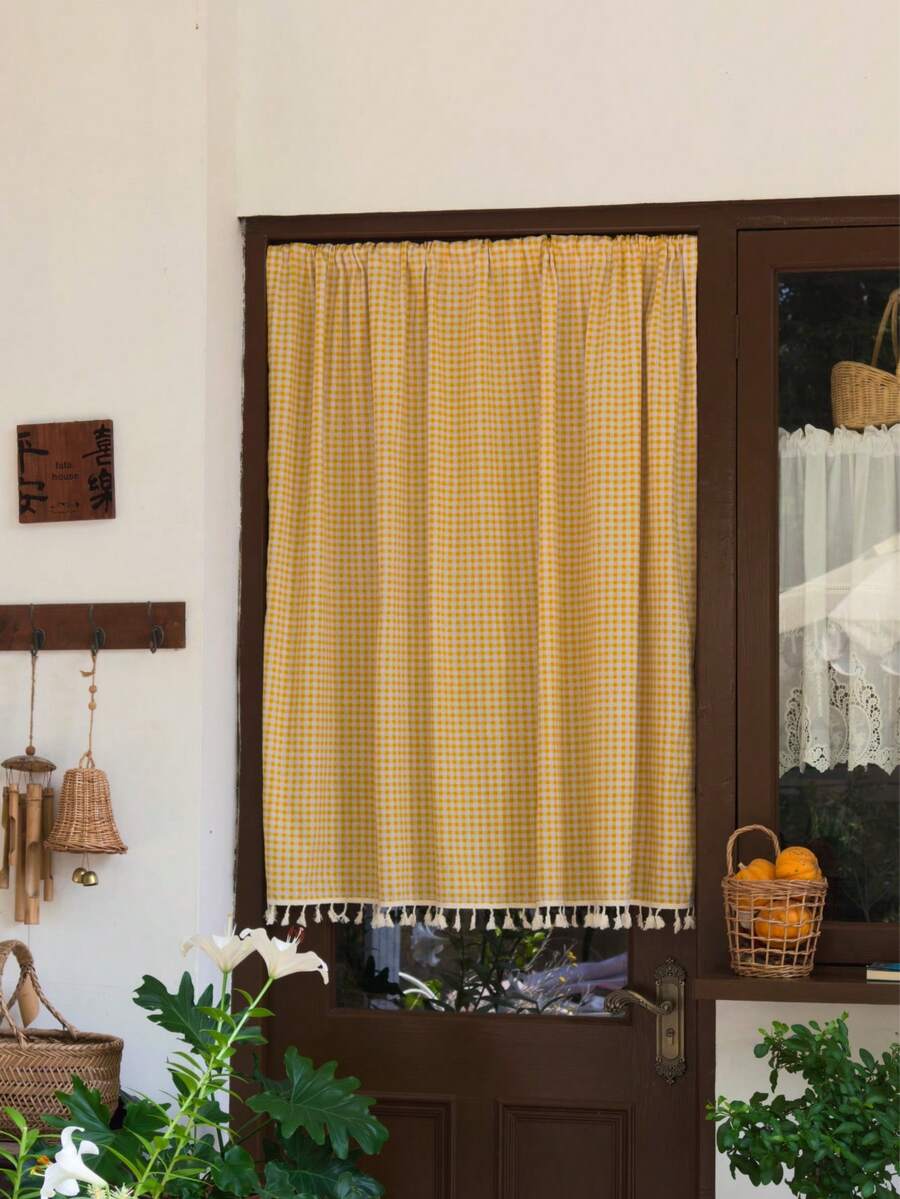 1pc Boho Pattern Cabinet Cover Curtain - Fringed Tassel Decor Without Curtain Rod, Ins Style Daisy Pattern Semi Blackout Beige Tassel Window Curtains,Classic Cafe Country Farmhouse Kitchen Curtains,For Kitchen Cupboard/Storage Shelf - Yellow Plaid - View 1