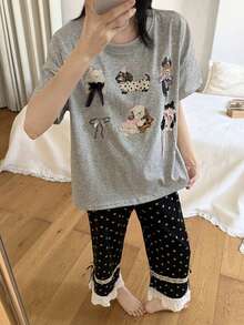 2pcs/Set Women's Pajamas Loungewear Set, Cute Animal Pattern Crew Neck Short Sleeve Polka Dot Print Cropped Pants Comfortable Home Style - Grey - View 7