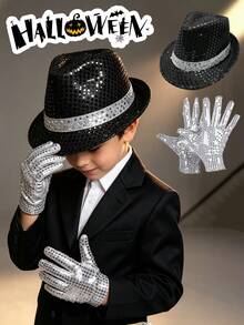 2pcs Halloween Pop Style Costume Set, Includes Black Hat And Sequin C-Pop Rock Star, Pop Singer - Multicolor - View 1