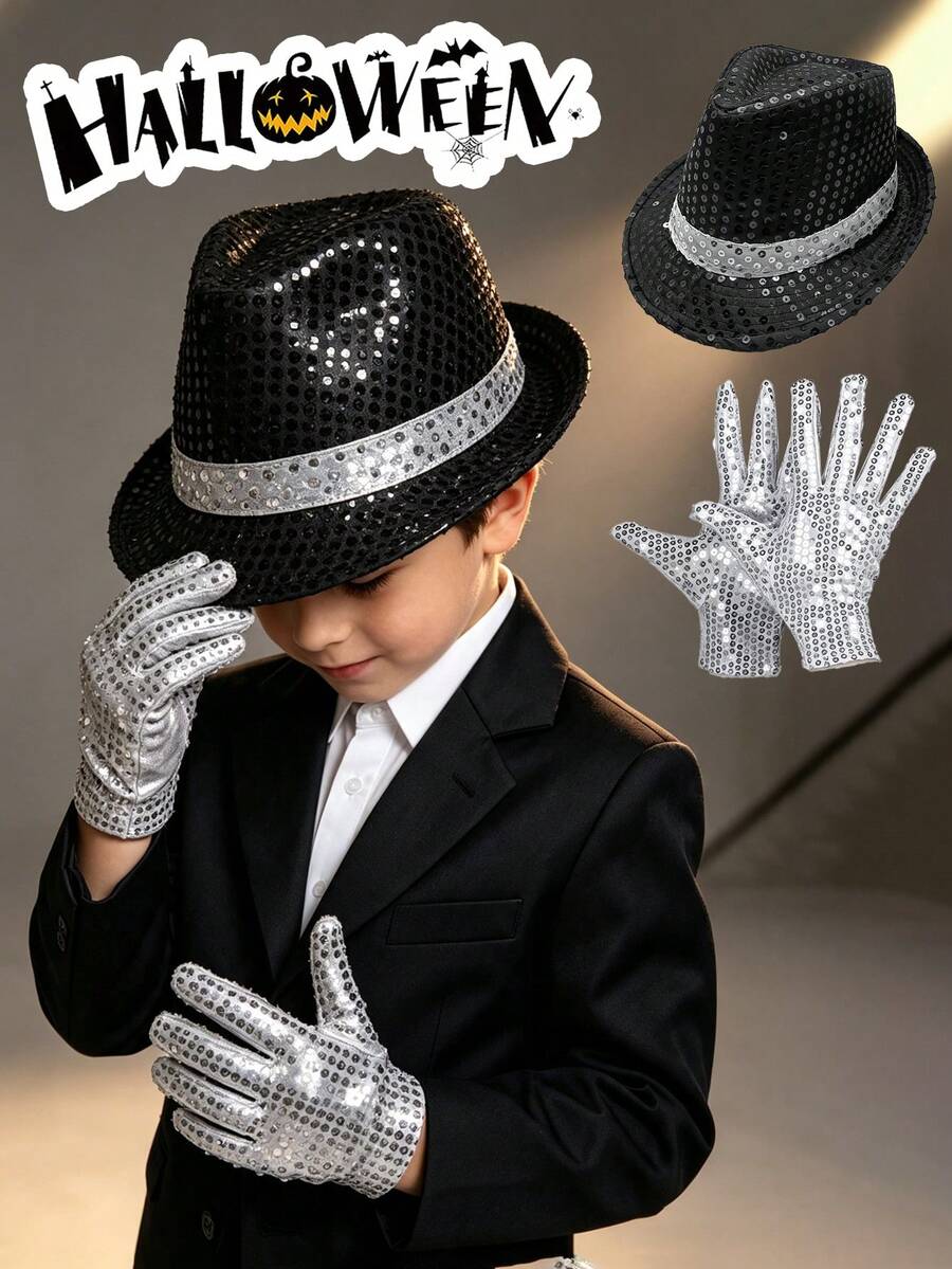 2pcs Halloween Pop Style Costume Set, Includes Black Hat And Sequin C-Pop Rock Star, Pop Singer - Multicolor - View 1