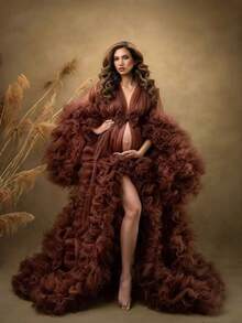 European & American Bridal Wedding Dress, Versatile Sexy Lace-Up Maternity Morning Robe, Bathrobe, Nightgown - Coffee Brown - View 6
