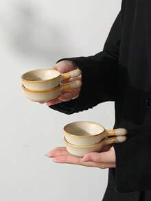 Japandi Retro Speckled Ceramic Handled Mini Bowl, Vintage Beige Condiment Dipping Sauce Dish, Small Appetizer Snack Serving Plate Household Kitchen Table Decor - Multicolor - View 13