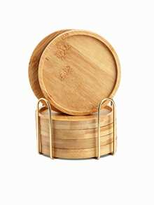 Bamboo Coaster Set With Holder - Natural Wood Coasters Waterproof Heat-Resistant For Home/Bar/Kitchen Decor - Wood Color - View 8
