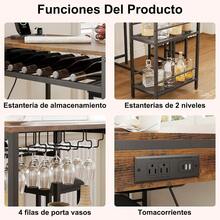 Mesa Alta Tipo Bar 92x50x93 con 2 Bancos| Estilo Rústico| Mesa con Porta Copas para Sala O Departamento| Mesa con Vinoteca| Mesa con 2 Bancos - Marrón - Ver 2