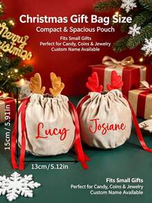 Custom Text Logo Personalized Christmas Reindeer Drawstring Gift Bag, Customized Text Velvet Christmas Gift Bag With Cute Antler Decoration, Reusable Soft Holiday Candy Gift Bag, Suitable For Children's Family Christmas Party Gift Packaging, Christmas Eve Stocking Decoration And Customized Souvenir Gift Storage Bag - Multicolor - View 7
