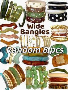 Random 16/12/8/5/4pcs Vintage Fashion Elegant Bohemian Style Daily Geometric Asymmetrical Brown Green Black Red Colorful Resin Acrylic Marbled Exaggerated Wide Wave Rivet Elastic Bangle Stackable Gold-Tone Plain Carved Hammered Texture Bracelet Set Y2K Minimalist Personalized Premium Jewelry For Women Daily Beach Casual Vacation Party Wear - Multicolor - View 9