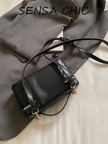 Vintage Elegant Quilted Diamond Pattern Soft Leather Box-Shaped Handbag Crossbody Bag With Exquisite Gold Hardware Double Zipper Storage Mini Versatile Women's Small Bag For Daily Outings - Black - View 4