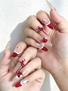 10 Pcs Handmade Press-On Nails Set – Elegant Red & Nude Nail Art | 3D Apple & Bow Detail | Reusable Medium Almond False Nails With Storage Box & Tools | Perfect For Party, Holiday & Daily Wear Gift Set - "Crimson Wish" - 查看 9