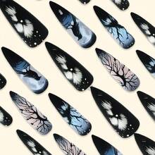 10pcs Halloween Wearable Nails Black & White Ghost Face Spider Web Skull Bat Horror Style Short Square False Nail Tips - Blue and White - View 3