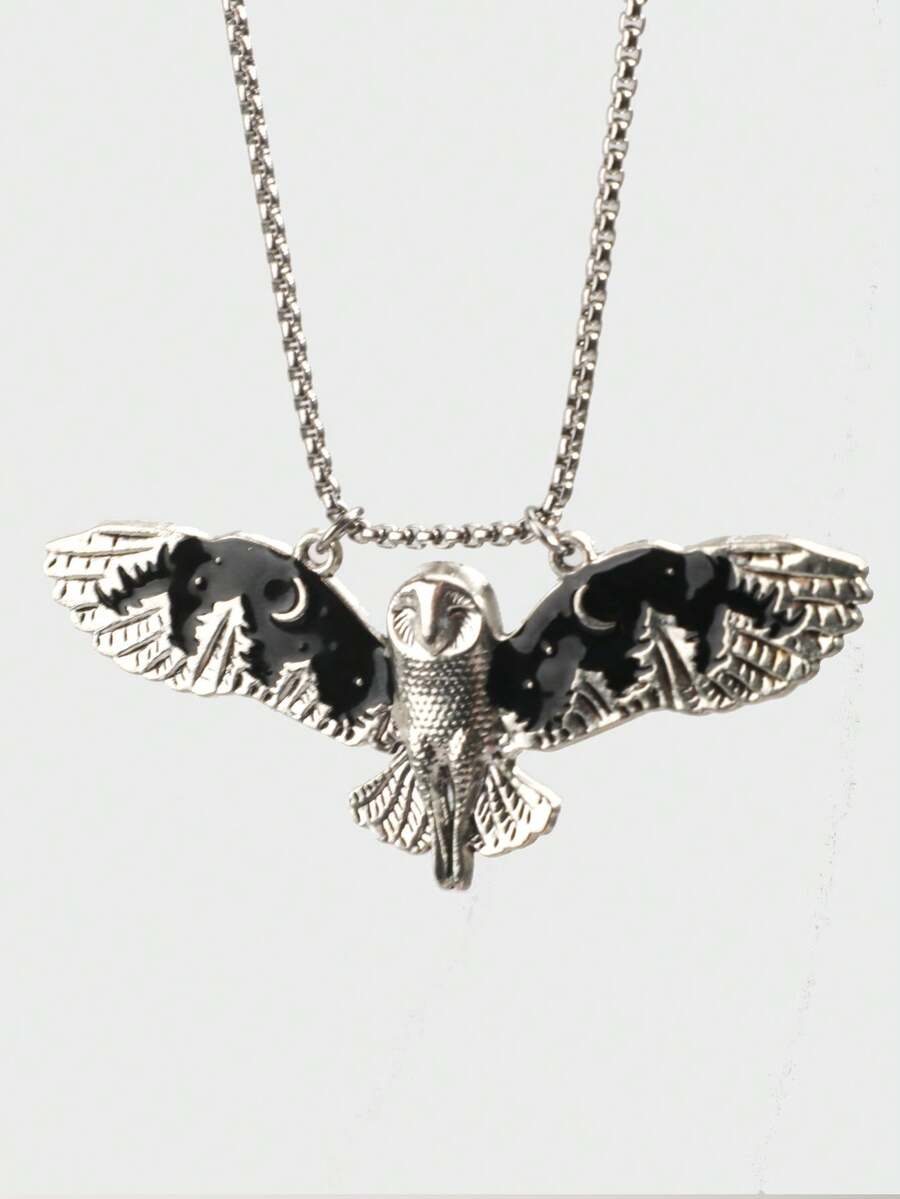 Gothic Bat Wings Moon Necklace, Vampire Bat Necklace, Silver-Plated Framed Witch Necklace - Black - View 1