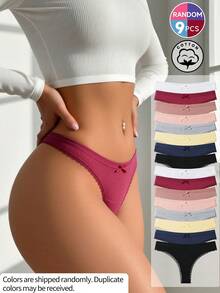 9pcs Random Color Low Waist Bow Lace Patchwork Cotton Women's Thong Panties, Romantic Cute Soft Skin-Friendly Women's Underwear - Multicolor - View 1