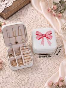 Bow Print Jewelry Organizer Display Travel Jewelry Zipper Case Boxes Earrings Necklace Ring Portable Jewelry Box Leather Storage - White - View 12