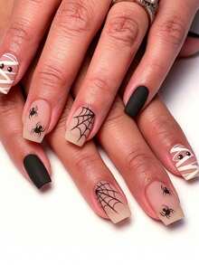 Best-Selling 3D Embossed Halloween Mummy Spider Web Short Square Press-On Nails, 24pcs Removable - Multicolor - View 2