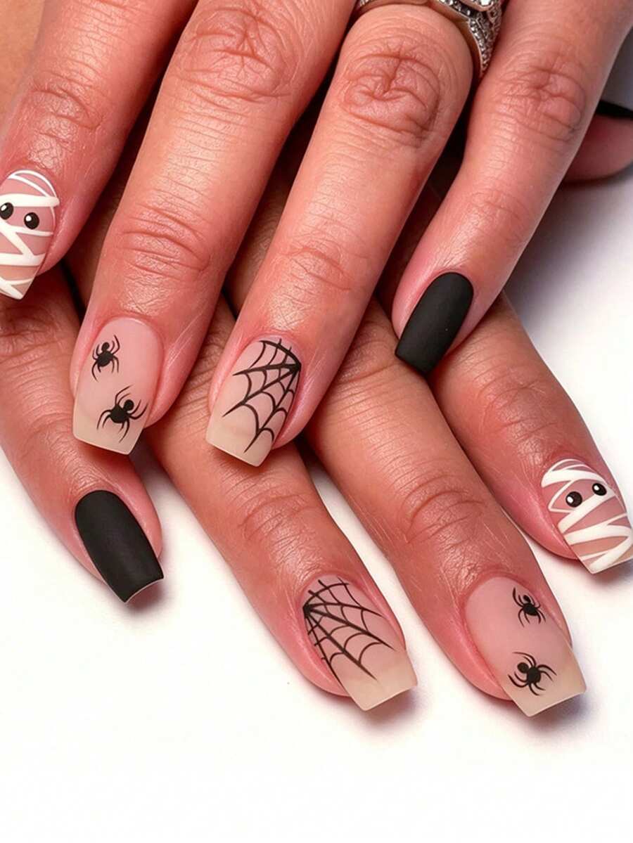 Best-Selling 3D Embossed Halloween Mummy Spider Web Short Square Press-On Nails, 24pcs Removable