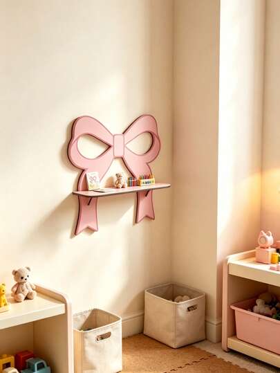 1pc Floating Wall Shelf With Pink Bow, Sweet Girl Style Wall Storage Rack, Suitable For Children's Room, Nursery Decoration And Newborn Essentials