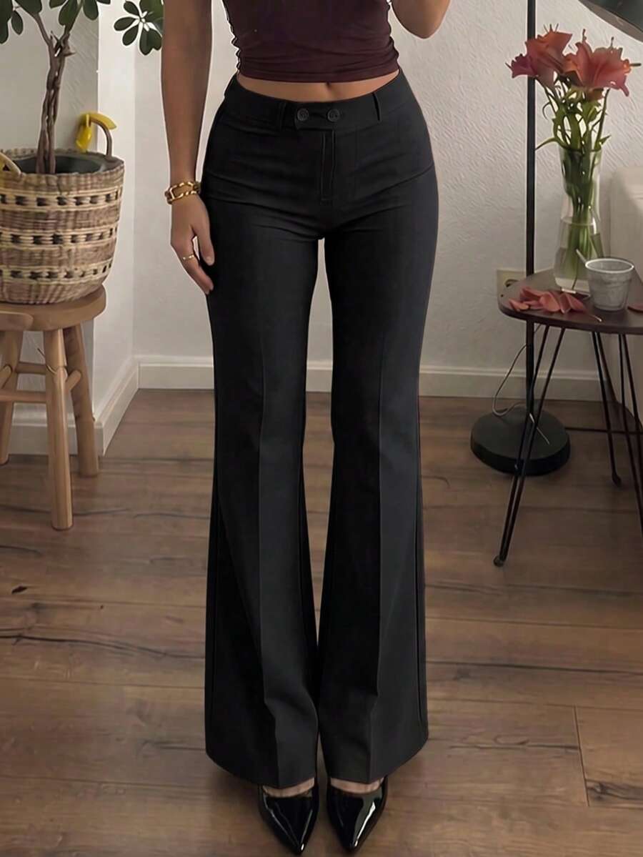 SMILE CHIC New Women's Fashion Slimming Straight Leg Trousers Fabric Zipper Button Office College Daily Black - Black - View 1