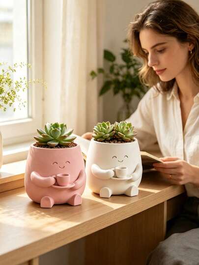 1pc Portable Coffee Cup Shaped Planter, Cute Cartoon Pattern Design, 3D Printed Premium Material, Suitable For Succulents And Pothos, Can Be Used For Home, Office, Cafe, Bar Desktop Art Decoration, Exquisite Room Ornament, Holiday Gift, Back To School Season, Home Decor, Home Essential, Gift For Women, Gift For Men, Room Decoration, Autumn Home Decor, Christmas Home Decor, Office Decoration, Girl Birthday Decoration, Bedroom Wall Decoration, Home , Decor Style, Kitchen Decoration
