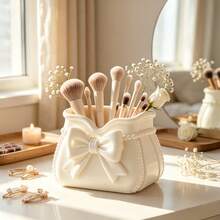 Bowknot Makeup Brush Holder, Desktop Pen Holder Storage Box, 3D Printed Makeup Display Rack, Vanity Makeup Tool Storage Box, Bathroom Skincare Organizer, Ins Style Desktop Decor, Multi-Functional Desktop Storage Basket, Girly Makeup Storage Container, Hair Accessory Storage Box, Home Decor, Bathroom Accessories - White - View 2