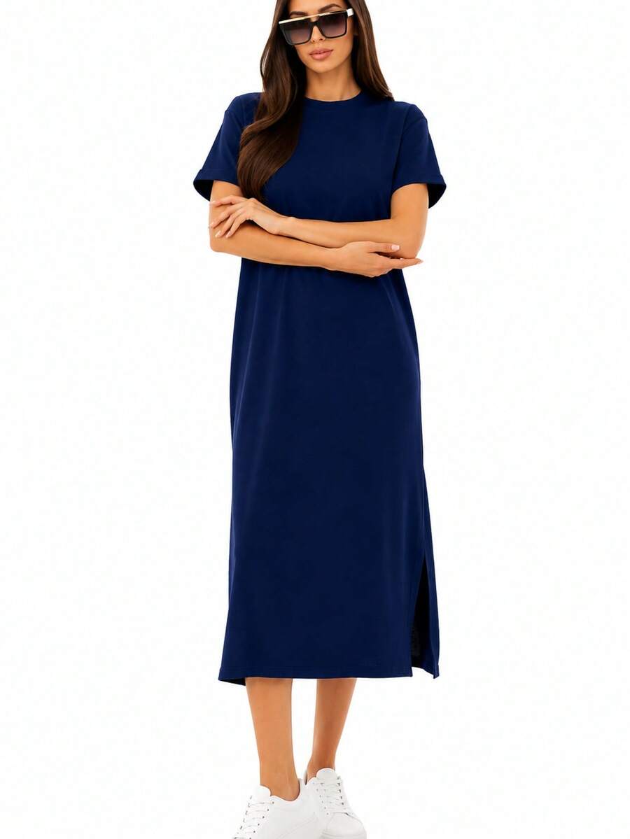 Summer Casual Solid Color Slit Dress - Teal Blue - View 1