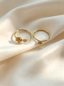 2 Buah Cincin Terbuka Mawar Emas Baja Titanium/Cincin Bunga yang Dapat Diatur dan Ditumpuk/Cincin Bunga Vintage Wanita untuk Hadiah dan Pemakaian Sehari-hari - Emas - View 6