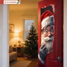 1pc Christmas Background Cloth, Featuring A Christmas Santa With A Hole For A Door Handle Decoration Background, Made Of Polyester Fabric, Suitable For Room Door Decoration Art, Christmas Party Decoration And Photography Props - A - View 3