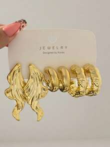 6/18pcs Gold Fashion Elegant Earring Set, Flower, Leaf, Water Drop, C-Shape, Suitable For Women's Daily Wear - Yellow Gold - View 4