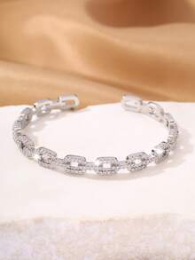 1pc Silver Double Heart Open Cuff Bracelet, Densely Inlaid Rhinestone Design, Women's Daily Date Party Accessory Gift - White - View 3